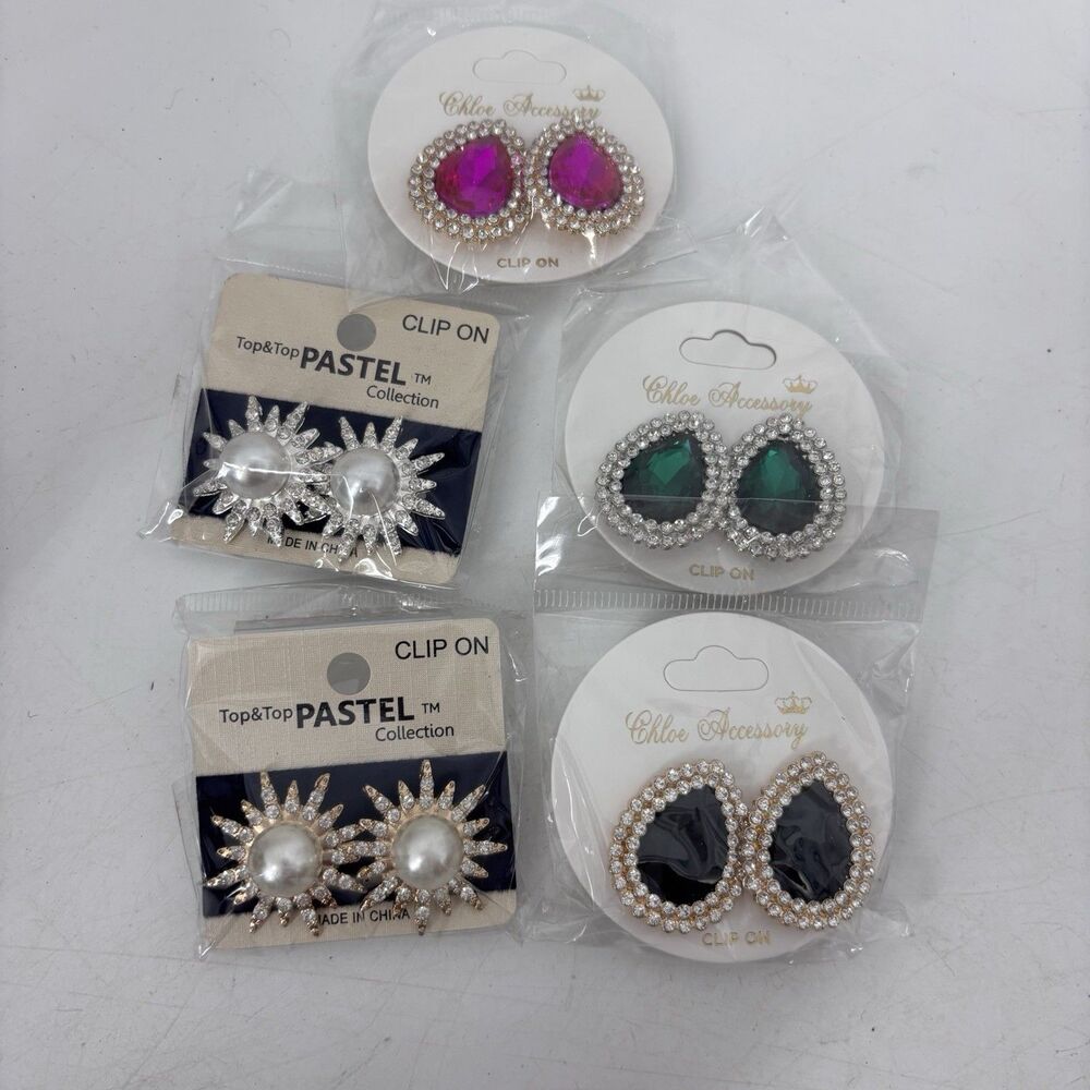 LOT Of Clip on Earrings Five Pairs Large Button Crystal Rhinestone Faux Pearl